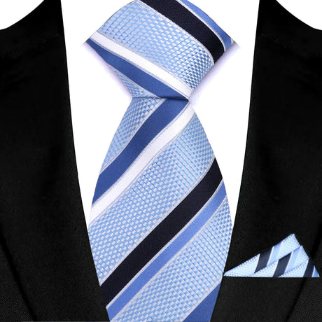 Blue Pocket Square Classic Stripes Necktie Handkerchief Set