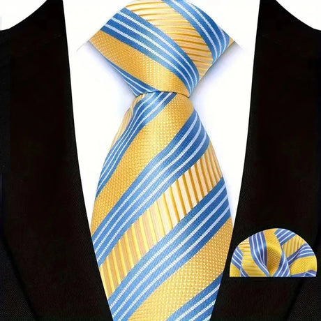Yellow Pocket Square Classic Stripes Necktie Handkerchief Set