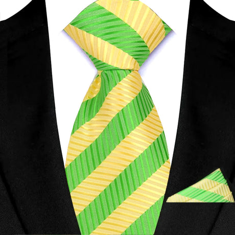 Green Pocket Square Classic Stripes Necktie Handkerchief Set