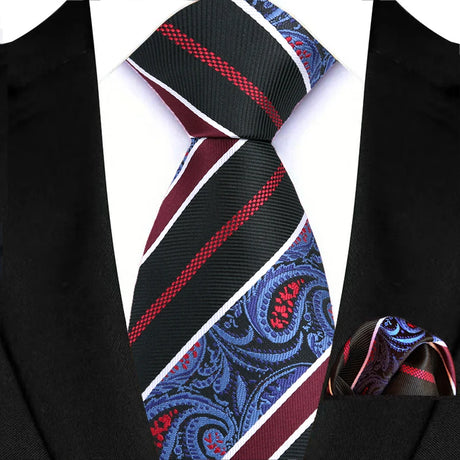 Black Pocket Square Classic Stripes Necktie Handkerchief Set