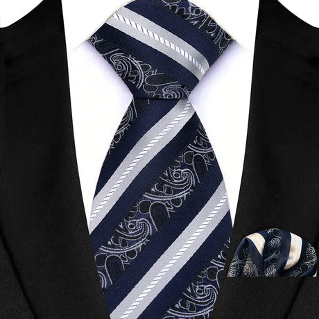 Blue Pocket Square Classic Stripes Necktie Handkerchief Set