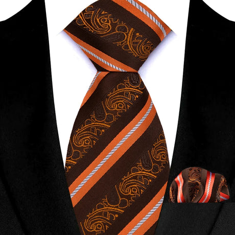 Orange Pocket Square Classic Stripes Necktie Handkerchief Set