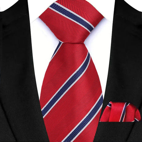 Red Pocket Square Classic Stripes Necktie Handkerchief Set