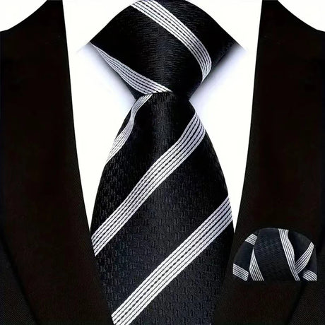 Black Pocket Square Classic Stripes Necktie Handkerchief Set
