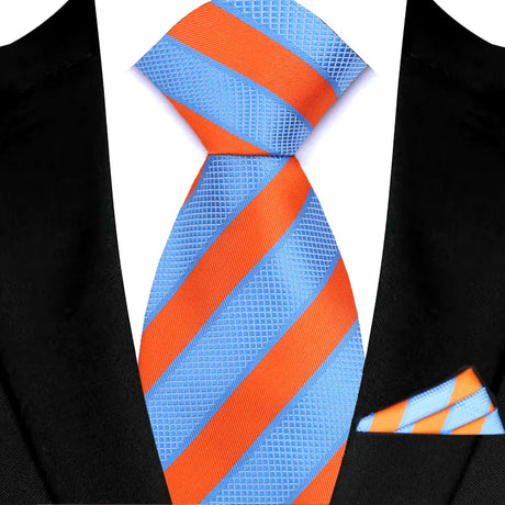 Blue Pocket Square Classic Stripes Necktie Handkerchief Set