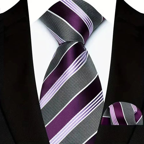 Purple Pocket Square Classic Stripes Necktie Handkerchief Set