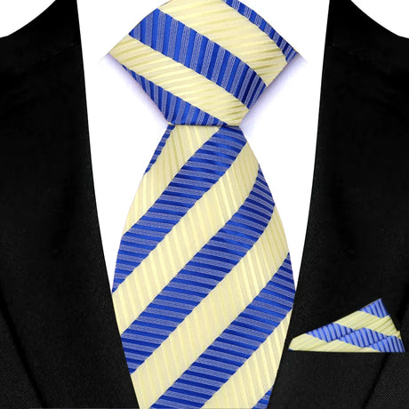Blue Pocket Square Classic Stripes Necktie Handkerchief Set