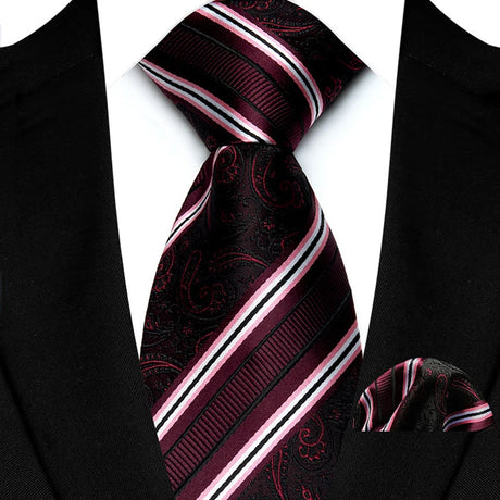 Purple Pocket Square Classic Stripes Necktie Handkerchief Set