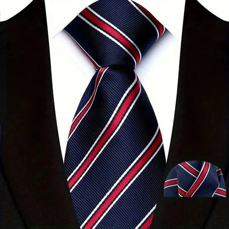 Blue Pocket Square Classic Stripes Necktie Handkerchief Set