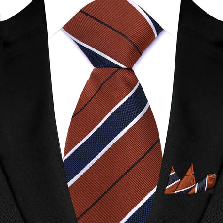 Brown Pocket Square Classic Stripes Necktie Handkerchief Set
