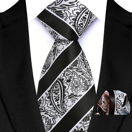 Black Pocket Square Classic Stripes Necktie Handkerchief Set