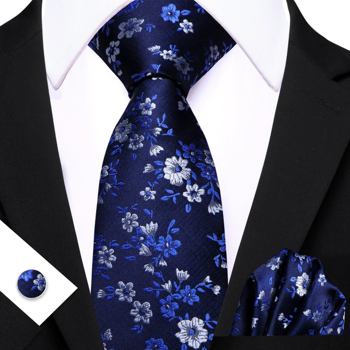 Blue Pocket Square Cufflinks Set Jacquard Necktie