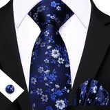 Blue Pocket Square Cufflinks Set Jacquard Necktie
