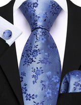 Blue Pocket Square Cufflinks Set Jacquard Necktie