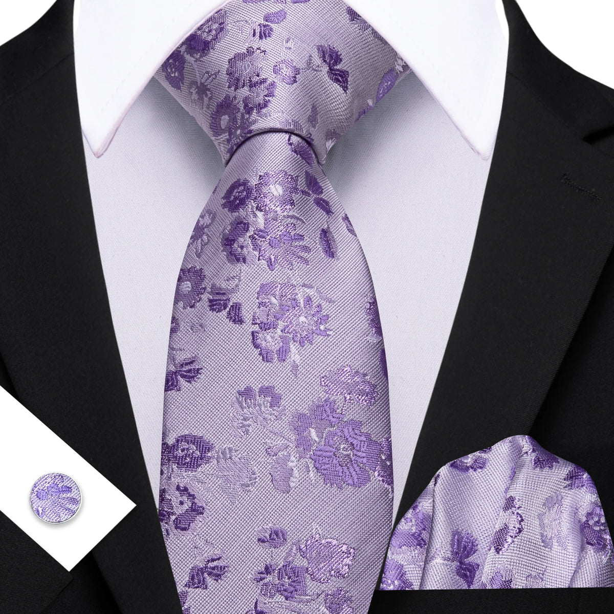 Purple Pocket Square Cufflinks Set Jacquard Necktie
