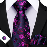 Purple Black Pocket Square Cufflinks Set Jacquard Necktie