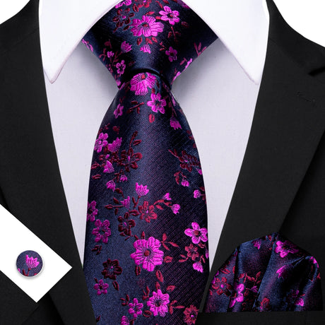 Purple Black Pocket Square Cufflinks Set Jacquard Necktie
