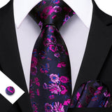 Black Purple Pocket Square Cufflinks Set Jacquard Necktie