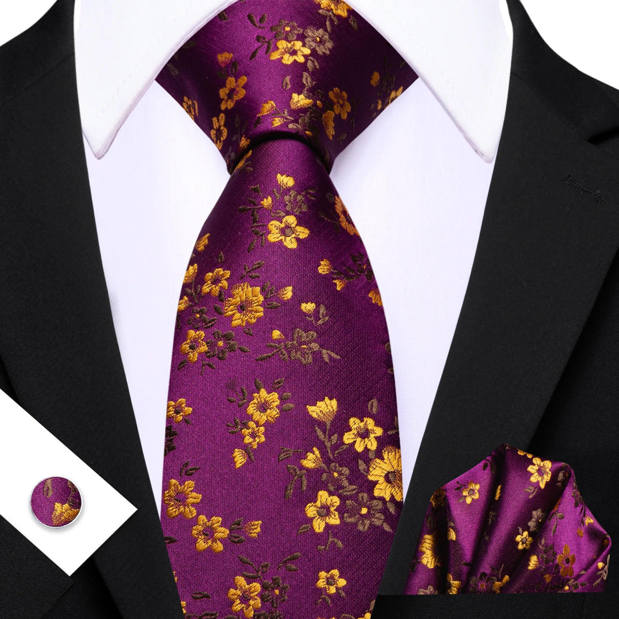 Purple Pocket Square Cufflinks Set Jacquard Necktie