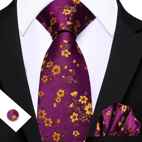Purple Pocket Square Cufflinks Set Jacquard Necktie