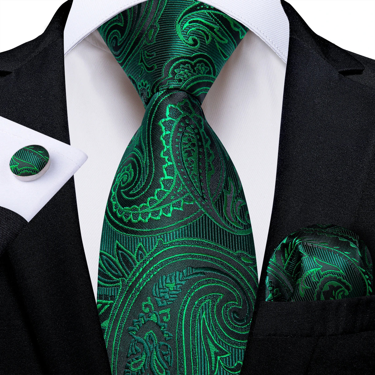 Green Pocket Square Cufflinks Silk Polyester Ties