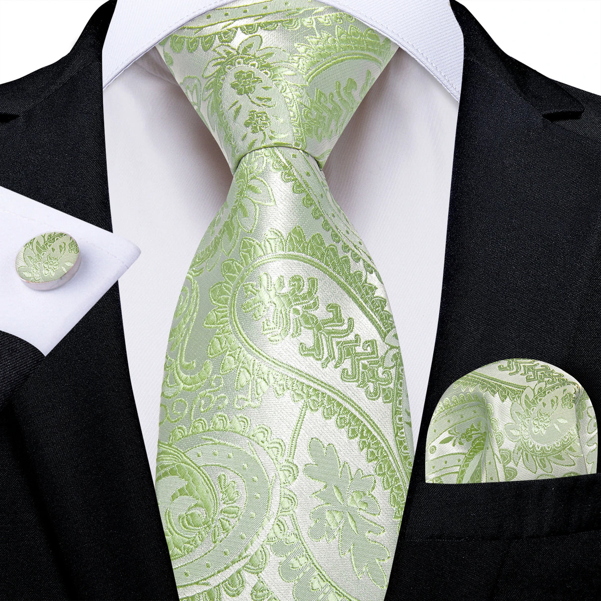 Green Pocket Square Cufflinks Silk Polyester Ties