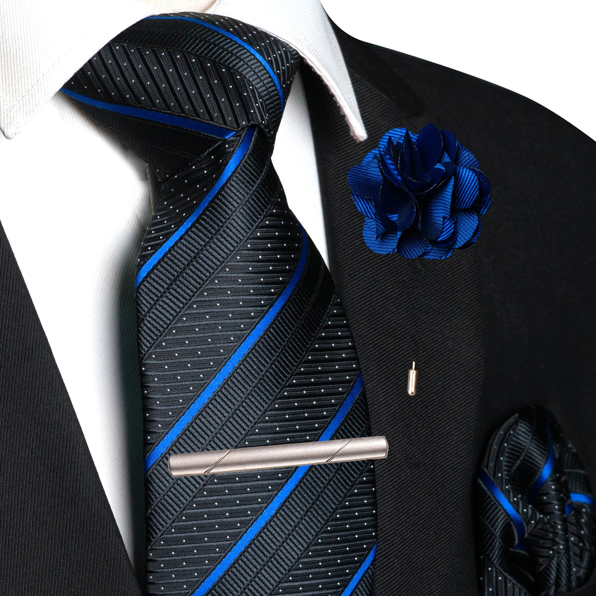 Blue Pocket Square Lapel Pin Clip Set Wedding Tie