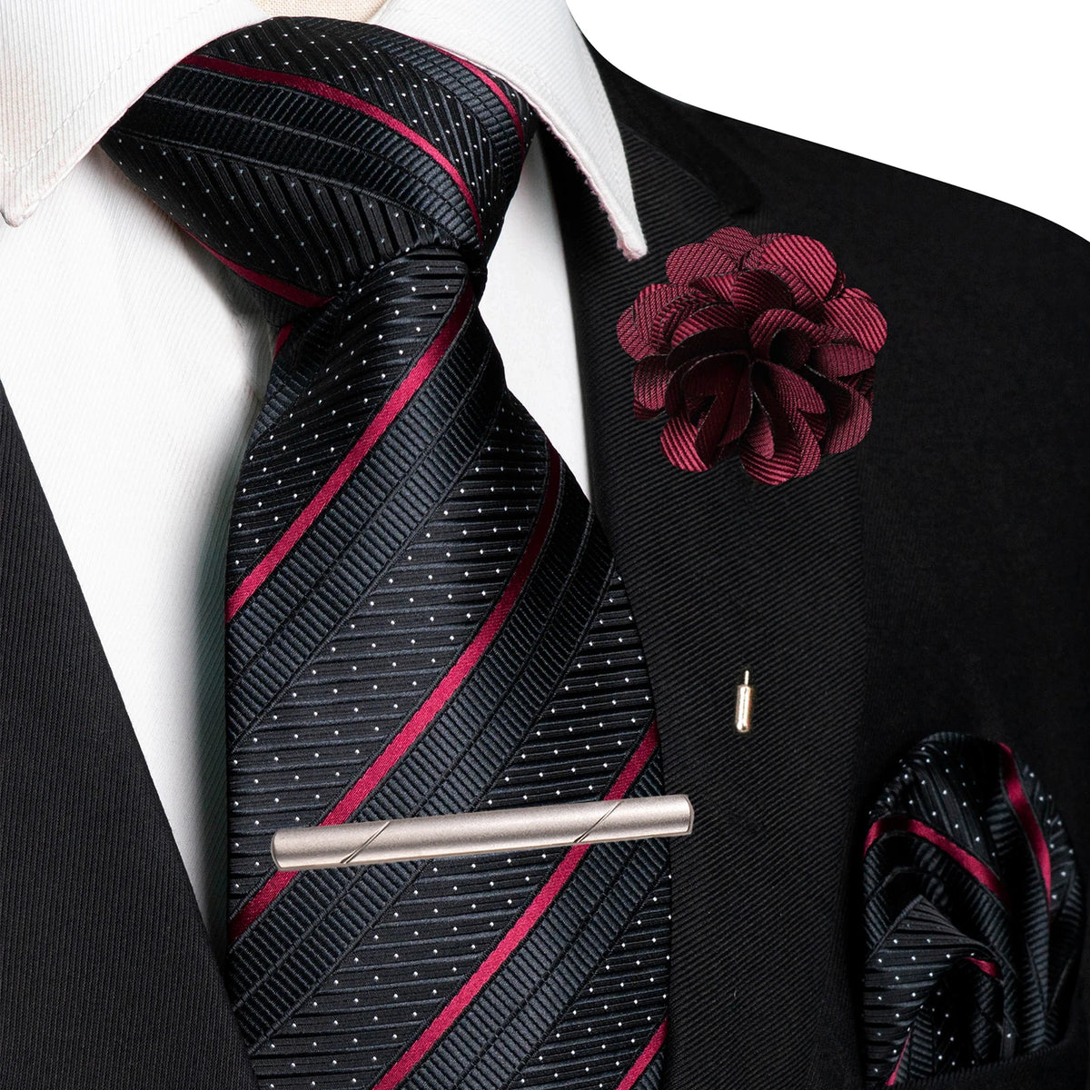 Red Pocket Square Lapel Pin Clip Set Wedding Tie