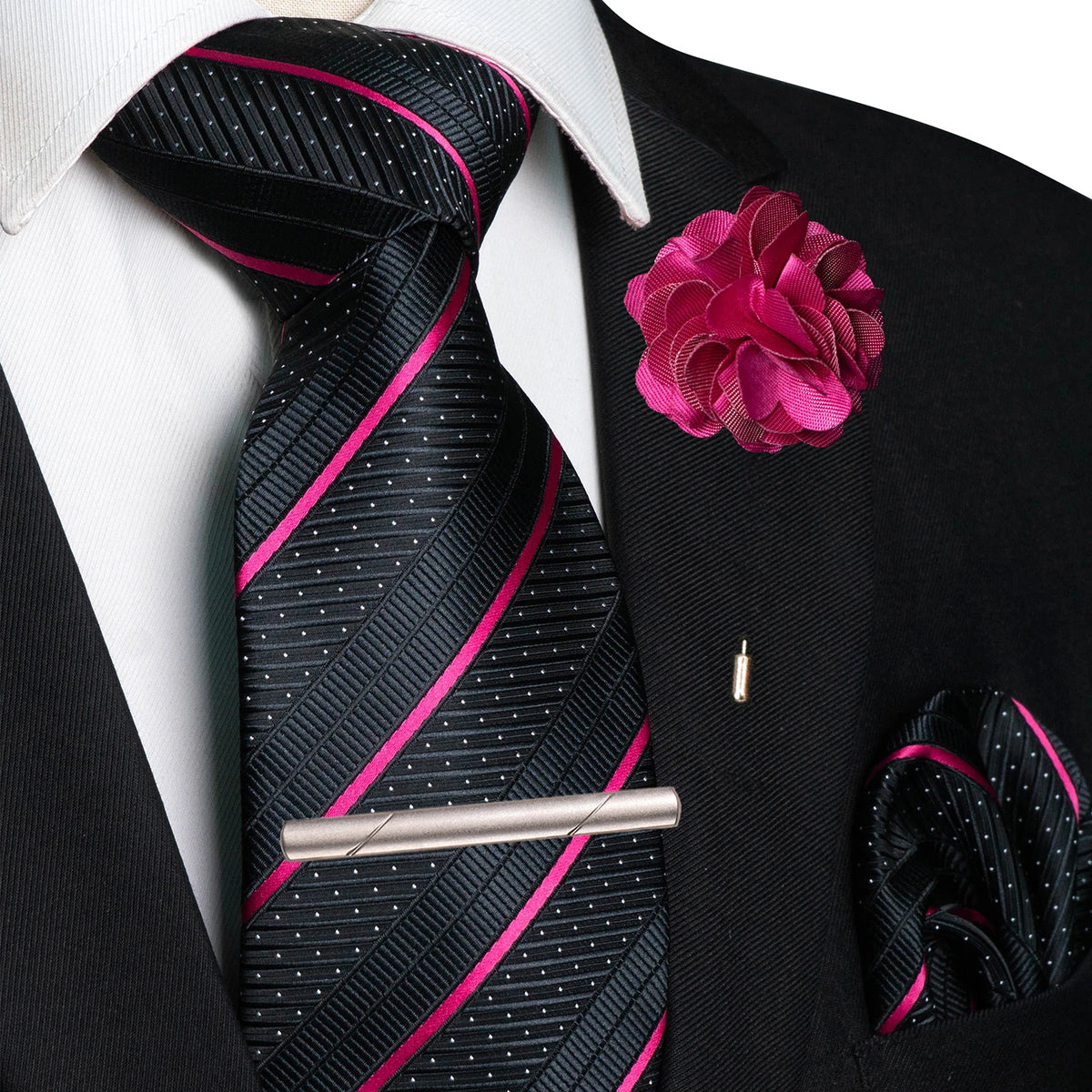Pink Pocket Square Lapel Pin Clip Set Wedding Tie
