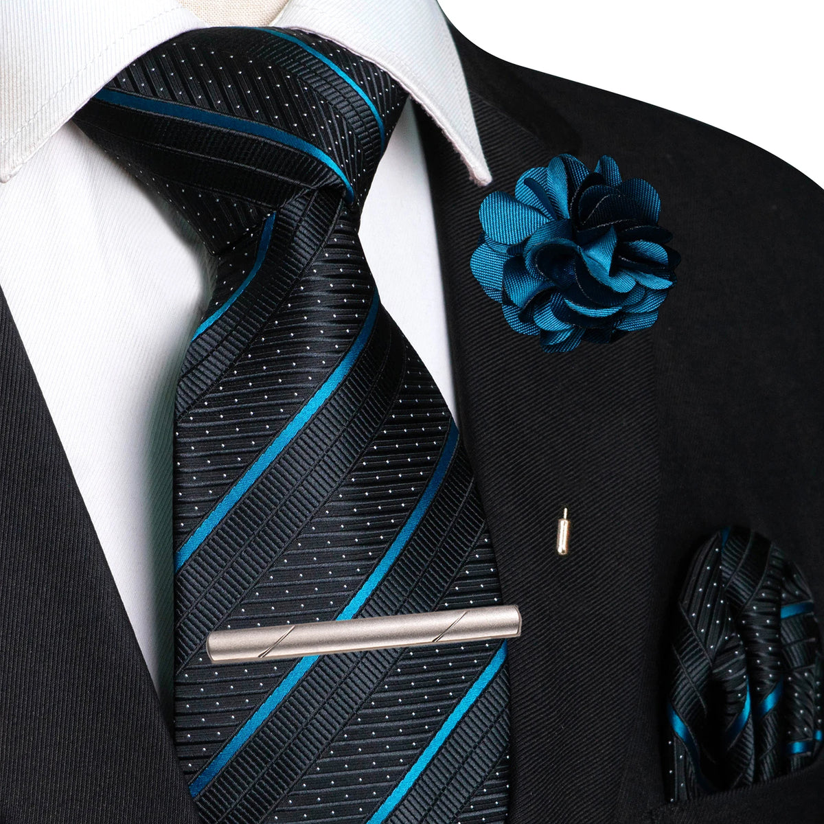 Blue Pocket Square Lapel Pin Clip Set Wedding Tie