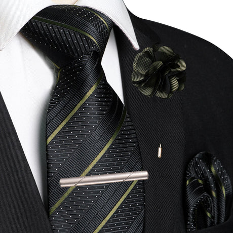 Black Pocket Square Lapel Pin Clip Set Wedding Tie