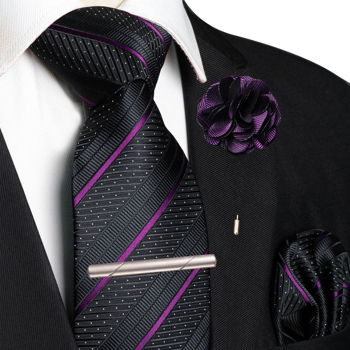 Purple Pocket Square Lapel Pin Clip Set Wedding Tie