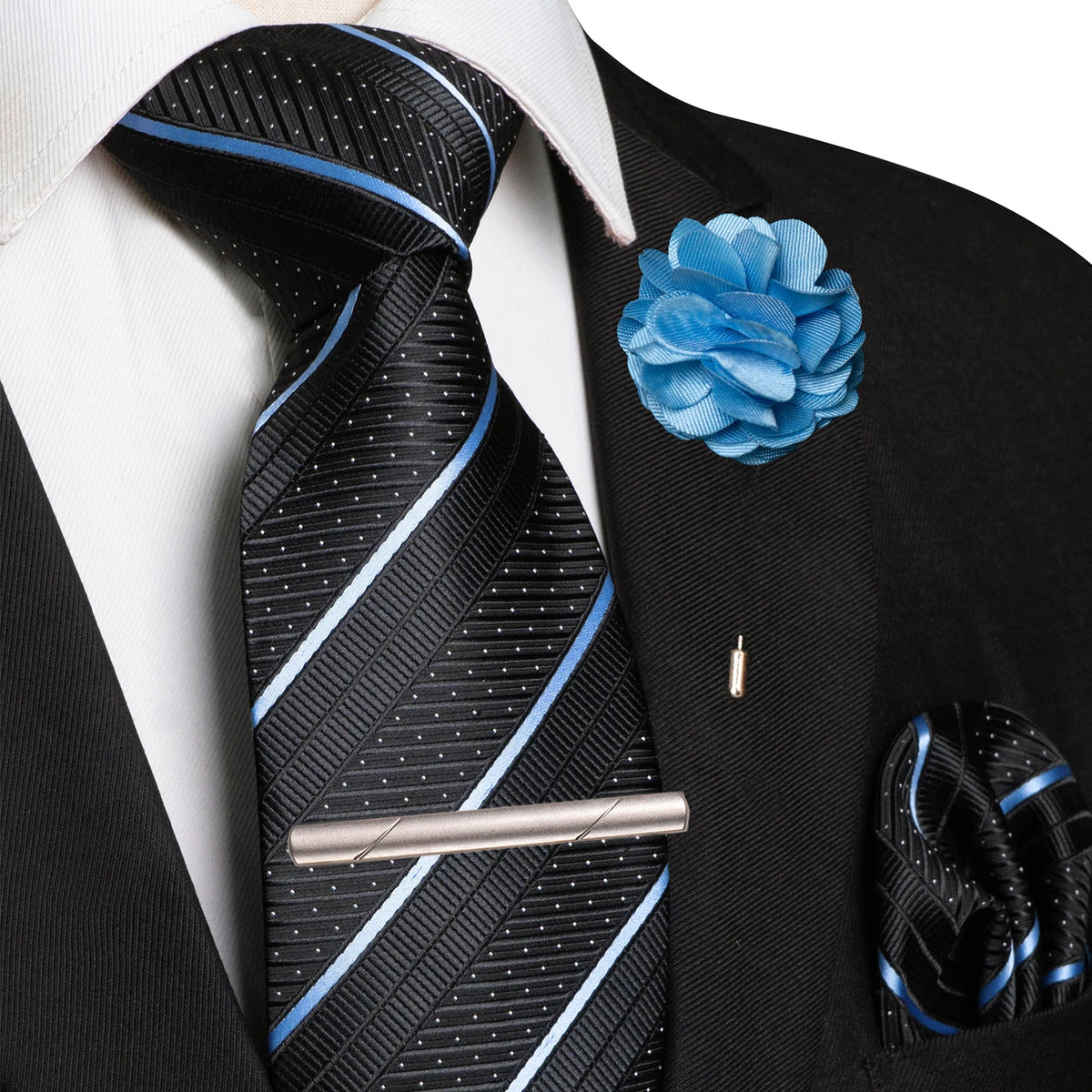 Blue Pocket Square Lapel Pin Clip Set Wedding Tie