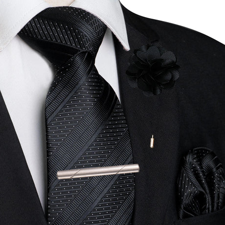 Black Pocket Square Lapel Pin Clip Set Wedding Tie
