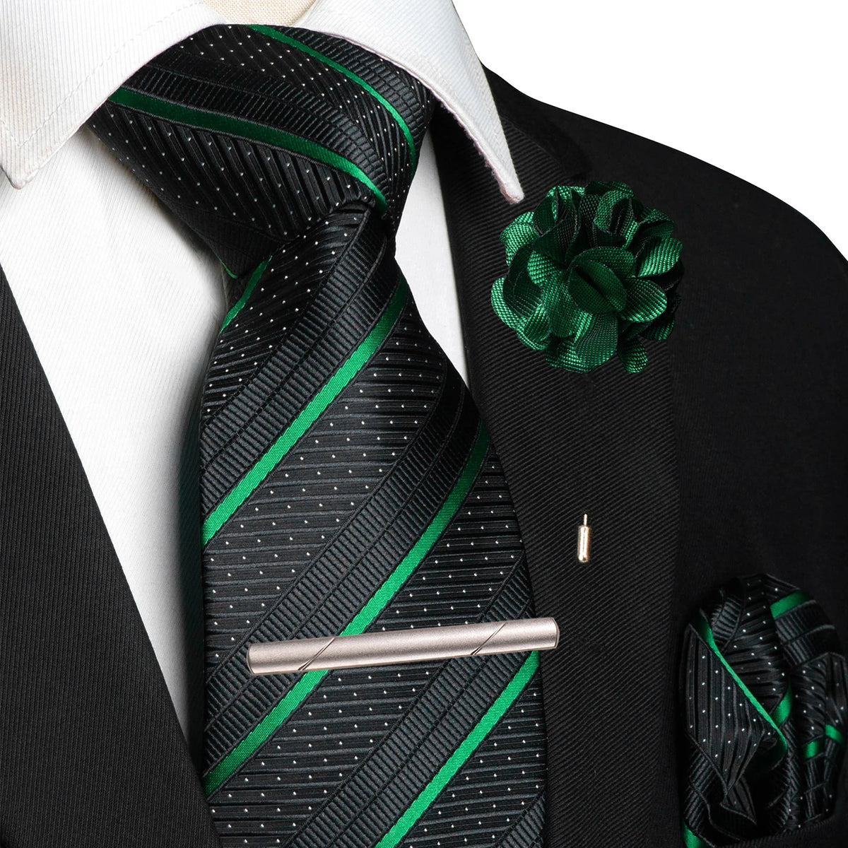 Green Pocket Square Lapel Pin Clip Set Wedding Tie