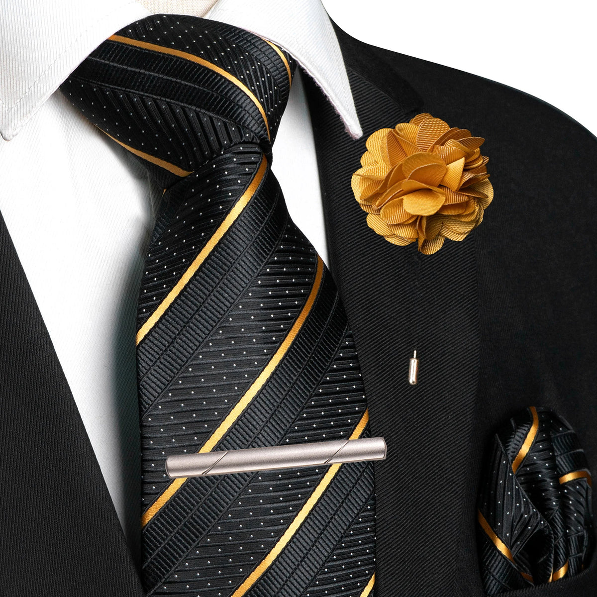 Gold Pocket Square Lapel Pin Clip Set Wedding Tie