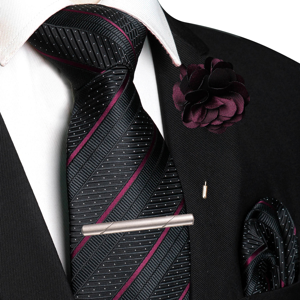 Purple Pocket Square Lapel Pin Clip Set Wedding Tie