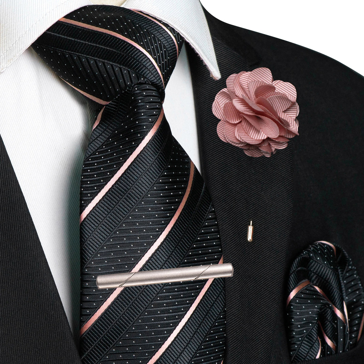 Pink Pocket Square Lapel Pin Clip Set Wedding Tie