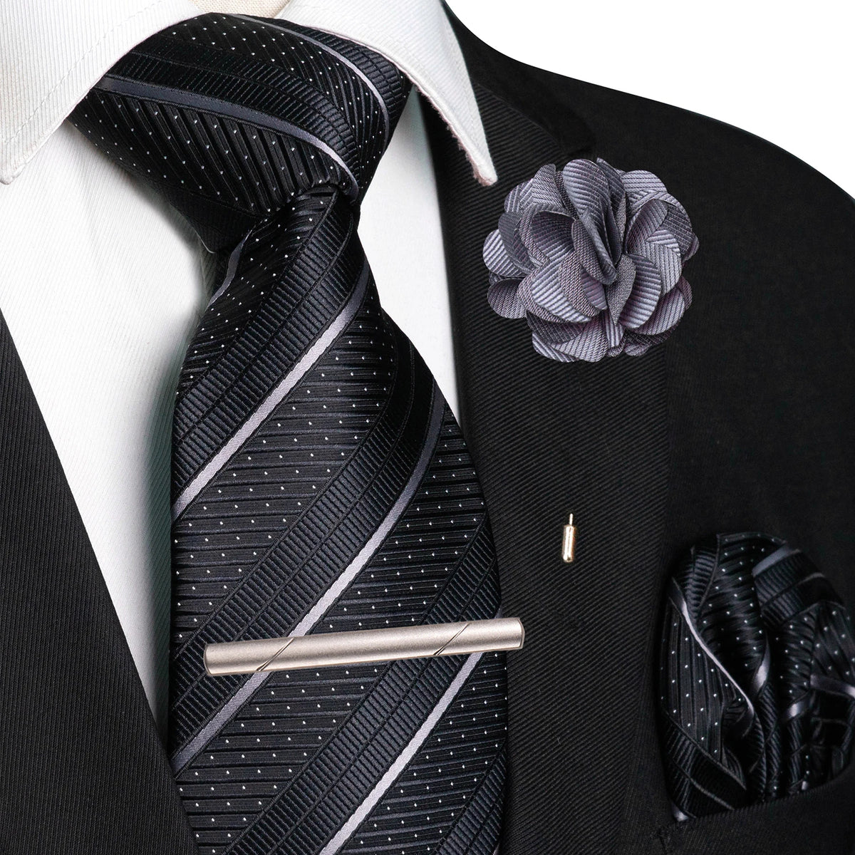 Gray Pocket Square Lapel Pin Clip Set Wedding Tie