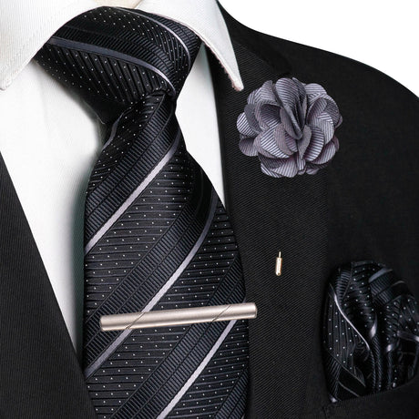 Gray Pocket Square Lapel Pin Clip Set Wedding Tie