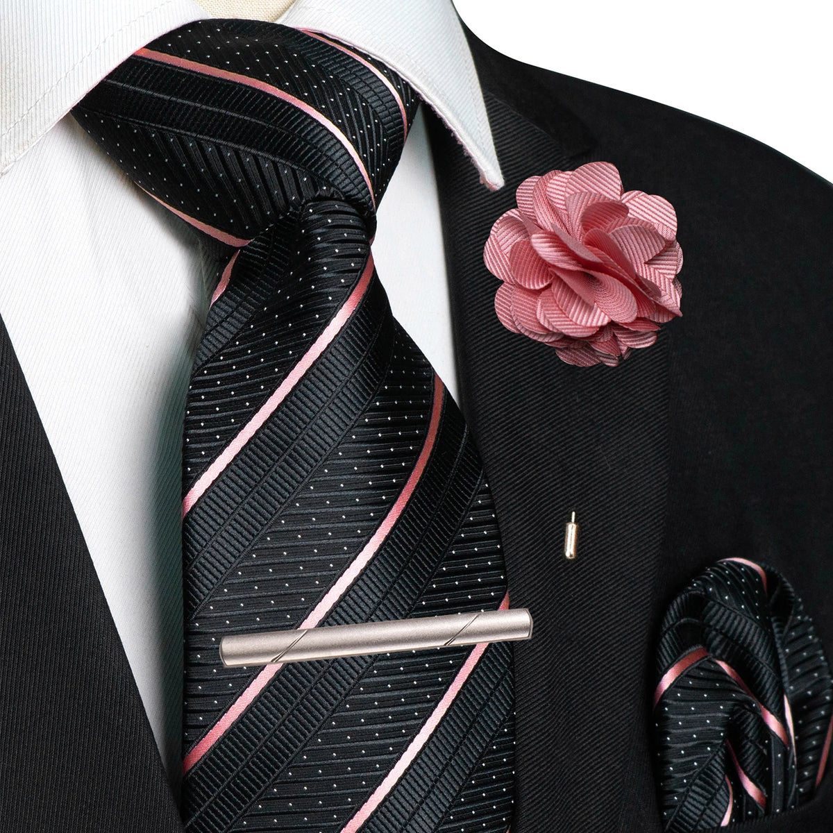 Pink Pocket Square Lapel Pin Clip Set Wedding Tie
