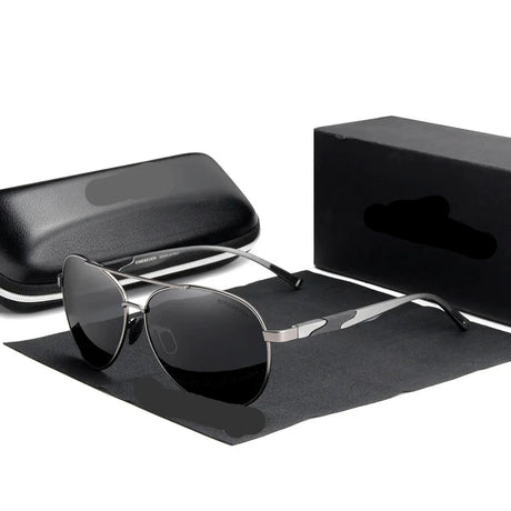 Polarized Aluminum Pilot Design Men's Sunglasses Black Silver
