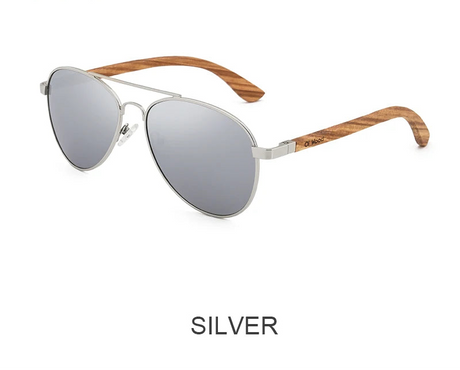 Silver Polarized Wood Blue Uv400 Lens Pilot Sunglasses