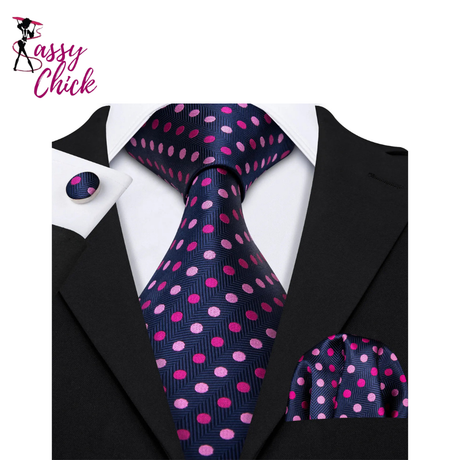 Polka Dot Jacquard Silk Pocket Square Cufflinks Tie Set Sassy Chick Logo