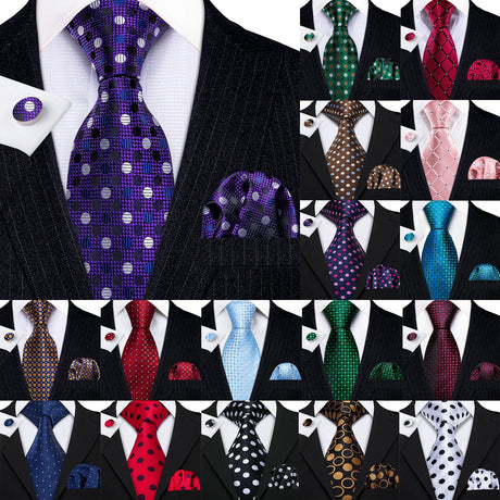Collection of Polka Dot Jacquard Silk Pocket Square Cufflinks Tie Set