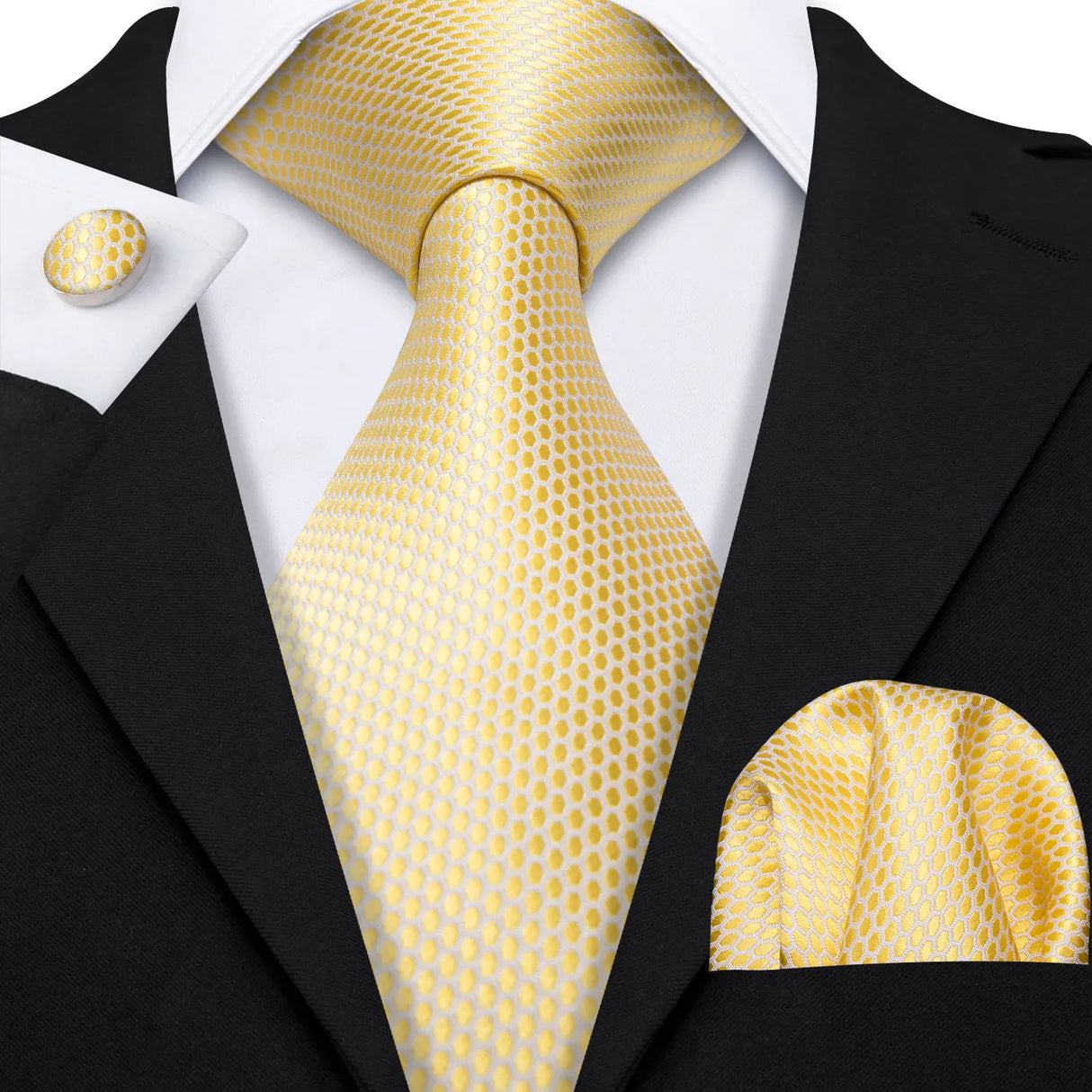 Yellow Polka Dot Jacquard Silk Pocket Square Cufflinks Tie Set