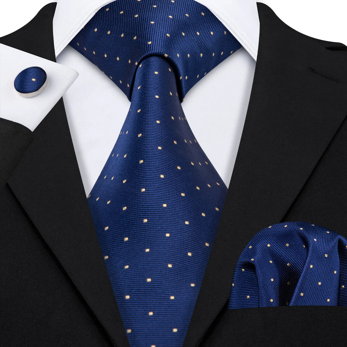 Blue Polka Dot Jacquard Silk Pocket Square Cufflinks Tie Set