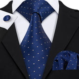 Blue Polka Dot Jacquard Silk Pocket Square Cufflinks Tie Set