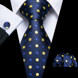 Blue Polka Dot Jacquard Silk Pocket Square Cufflinks Tie Set