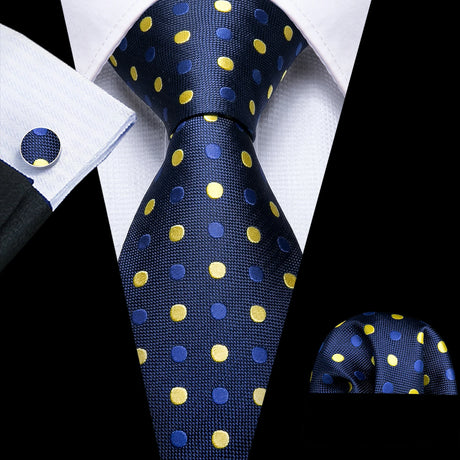 Blue Polka Dot Jacquard Silk Pocket Square Cufflinks Tie Set
